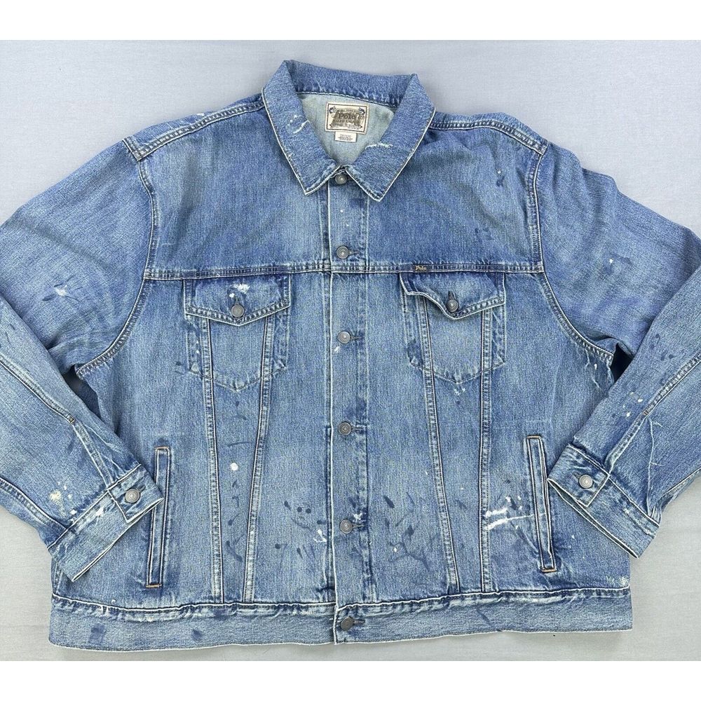 Polo Ralph Lauren Denim Jacket Mens 3XB Jean Paint Splatter Trucker Distressed